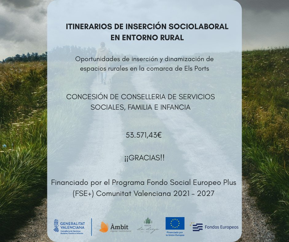 La Conselleria de Servicios Sociales, Familia e Infancia nos ha concedido 53.571,43€ para Itinerarios de Inserción Sociolaboral en el Entorno Rural.

Este proyecto está financiado por el Programa Fondo Social Europeo Plus (FSE+) Comunitat Valenciana 2021-2027.

¡Gracias!