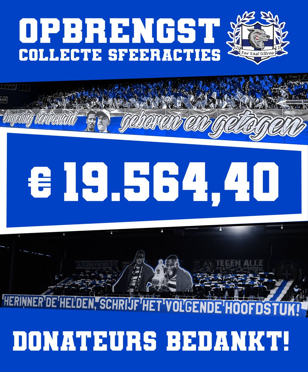 𝗗𝗢𝗡𝗔𝗧𝗘𝗨𝗥𝗦 𝗕𝗘𝗗𝗔𝗡𝗞𝗧!💙

Afgelopen week is er opnieuw een recordbedrag opgehaald voor nieuwe sfeeracties in het stadion. Met dit bedrag kunnen we aan de slag om onze plannen te realiseren. We zijn overweldigd door de reacties en donaties vanaf alle tribunes.