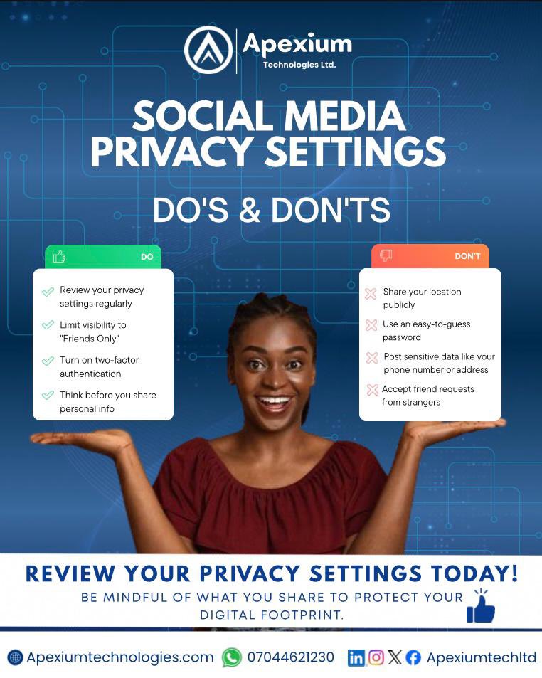 ApexiumTechLtd's tweet photo. Social Media Privacy: Do’s &amp; Don’ts

✅ Review privacy settings
✅ Enable 2FA
✅ Limit visibility to trusted connections

❌ Avoid public location sharing
❌ Don’t use weak passwords
❌ Be cautious with unknown requests
Protect your digital footprint.
#OnlineSafety #PrivacyMatter https://t.co/2VF1nHvVhp