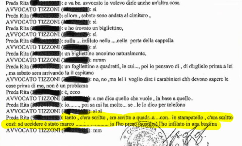 brethil_art's tweet photo. Al cimitero viene trovato un bigliettino anonimo dalla signora #Preda.
'Ad uccidere è stato Marco'
Un nome preciso, scritto senza citarne il cognome.
La signora poi dice:
'Sto tremando adesso'.
Perché?! Perché trema se il figlio era con lei in montagna?
A questi 'perché', ci sarà mai una risposta?
#Garlasco
Informazioni ed immagini di @MariaConversano