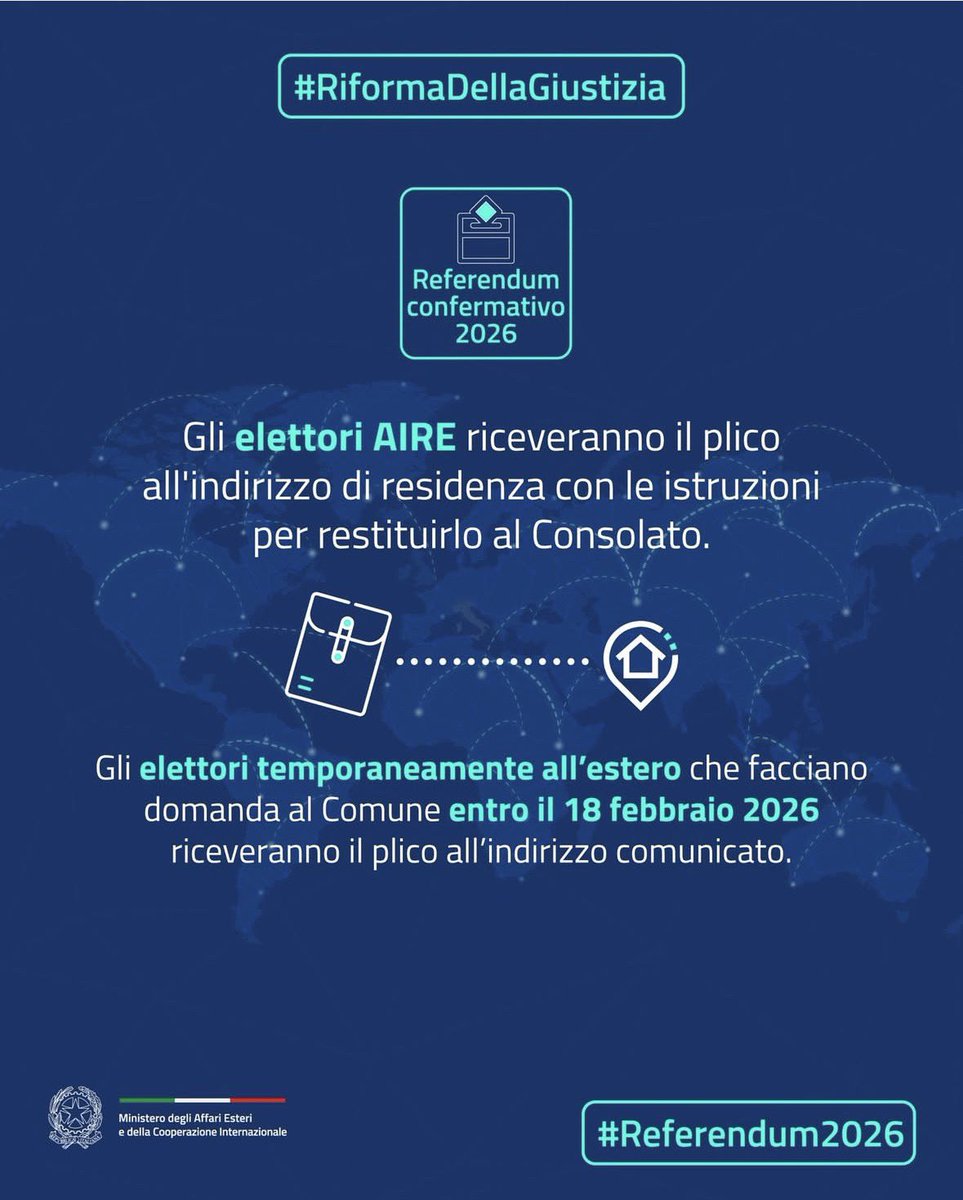 ItalyinParis's tweet photo. #Referendum2026
Gli elettori AIRE e temporaneamente all'estero che facciano domanda al Comune entro il 18 febbraio 2026 riceveranno il plico per votare sul quesito riguardante la c.d. "Riforma della giustizia" all'indirizzo di residenza con istruzioni per restituirlo al Consolato https://t.co/AkBuY0WjG8
