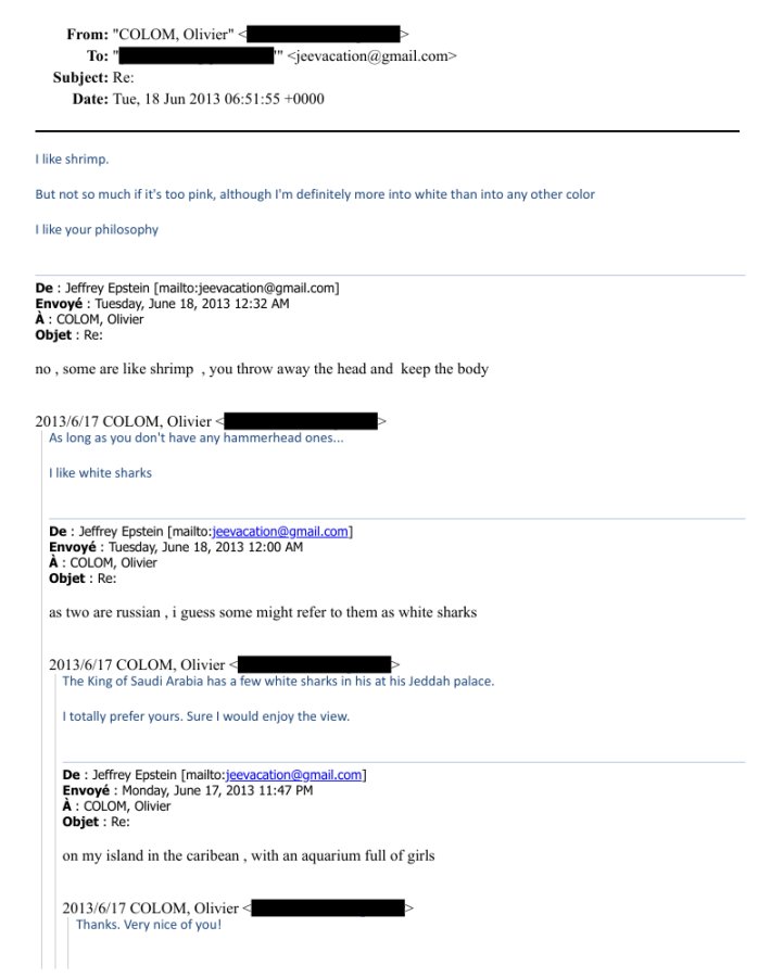 DaJinDaEat's tweet image. #Epstienfile  EFTA00963512-EFTA00963517
Here's a distubing coded exchange between ex-france deplomat Olivier Colom and Eps. 

In the email Colom said "I like shrimp. But not so much if it's too pink...I'm definitely more into white.." ( more into white ?)

Then Epstien's response