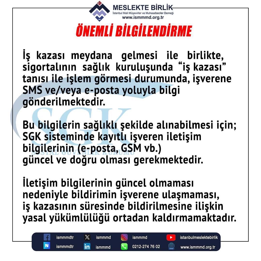 ismmmd's tweet photo. ⚠️ ÖNEMLİ BİLGİLENDİRME
İş kazası halinde işverene SMS/e-posta ile bildirim yapılmaktadır.

❗️Bildirimin ulaşmaması,
iş kazasını yasal süresinde SGK’ya bildirme yükümlülüğünü ortadan kaldırmaz.

📌İletişim bilgilerinizi kontrol etmeyi unutmayın.

#İşKazası #SGK #ismmmd https://t.co/BSRAs4CSNU