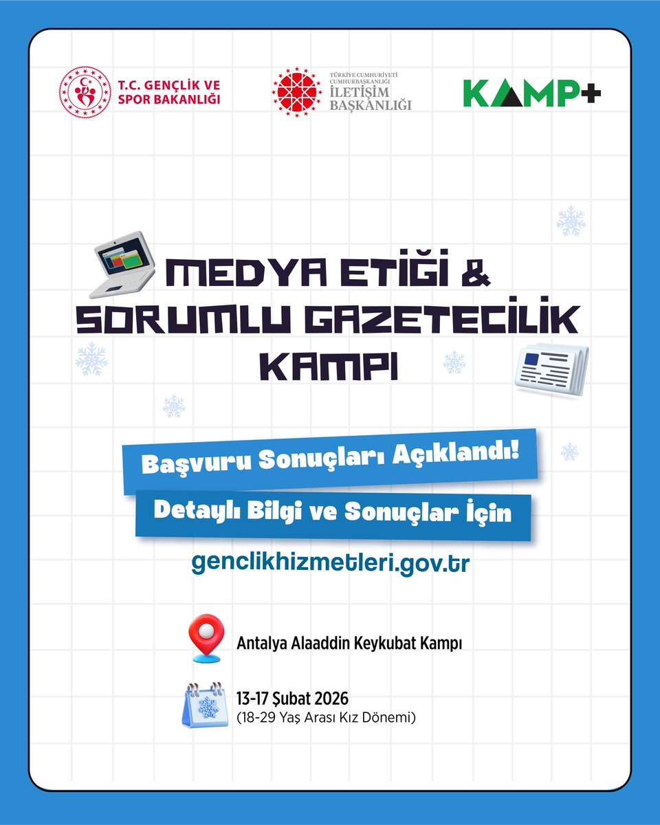 📣 Kamp+ “Medya Etiği ve Sorumlu Gazetecilik Kampı" başvuru sonuçları açıklandı!

Gençlik Hizmetleri Genel Müdürlüğümüz ve T.C. Cumhurbaşkanlığı İletişim Başkanlığı Dezenformasyonla Mücadele Merkezi iş birliğinde düzenlenen Kamp+ “Medya Etiği ve Sorumlu Gazetecilik Kampı"nın