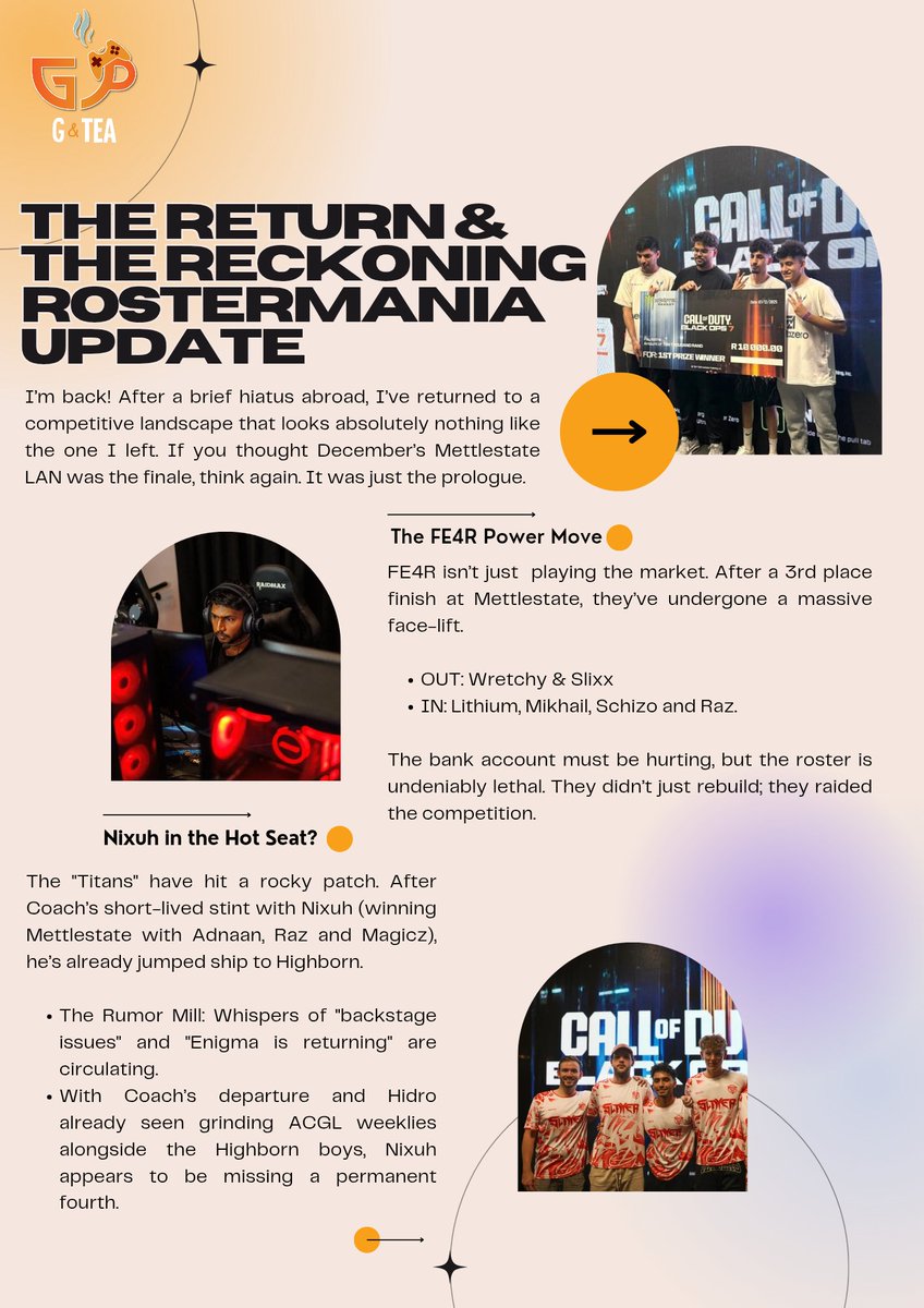 GandTea11's tweet photo. ROSTERMANIA 2026 

I’m back with the tea you actually care about: 

Fe4r’s "Money" Roster 
The Nixuh 4th-player mystery 
Highborn’s tactical consistency
Obscura enters the chat

The 2026 season is already a movie. Grab your mug and catch up ☕️

#codza #rostermania #BO7 #BlackOps7 https://t.co/wLit9LUyqe