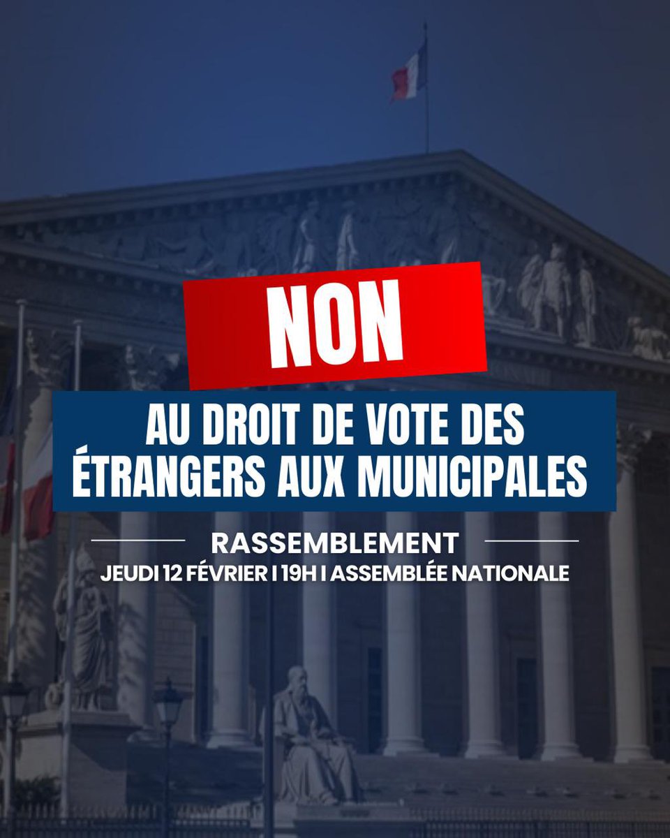 Nous vous donnons rendez-vous ce jeudi 12 février, a 18h45, devant l'Assemblée nationale, place du Palais Bourbon, alors que nos députés débattront de l'ouverture du vote aux étrangers pour les municipales !

Les municipales sont particulièrement stratégiques et l'adoption de ce