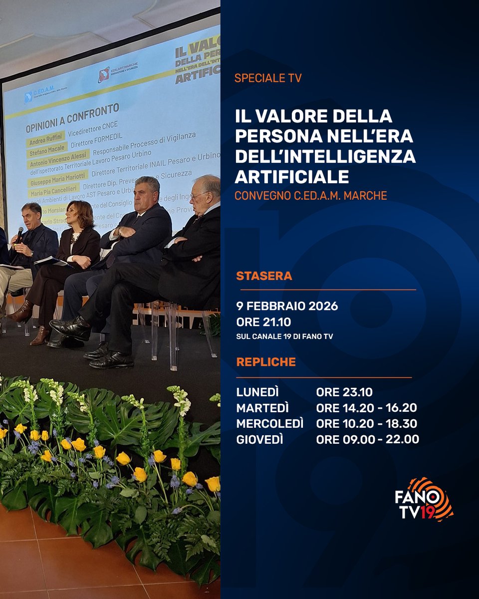 📺 Questa sera, lunedì 9 febbraio, alle ore 21.10 circa, andrà in onda uno speciale dedicato al convegno C.ED.A.M. Marche dal titolo "il valore della persona nell'era dell'intelligenza artificiale"
Appuntamento sul canale 19 di FanoTV, visibile in tutta la Regione Marche. #fanotv