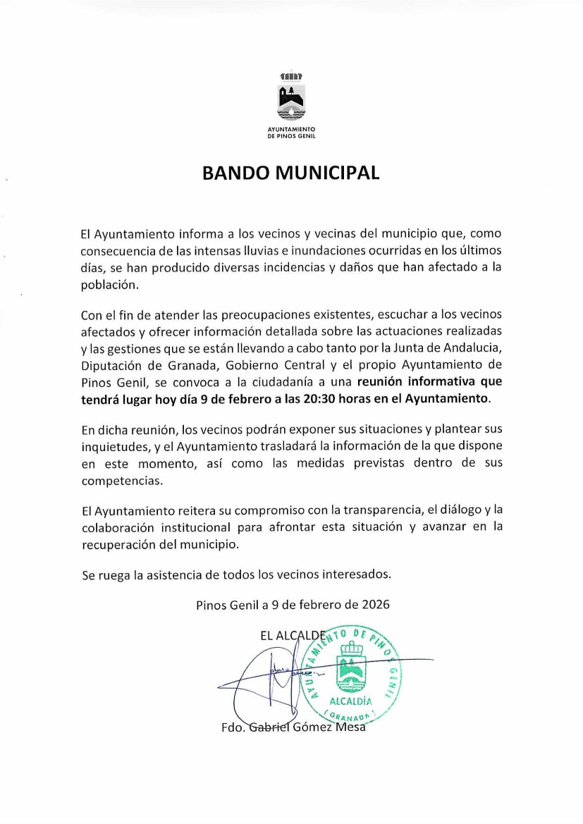 Reunión informativa del Ayuntamiento de Pinos Genil con los afectados por las últimas lluvias e inundaciones.
#PinosGenil