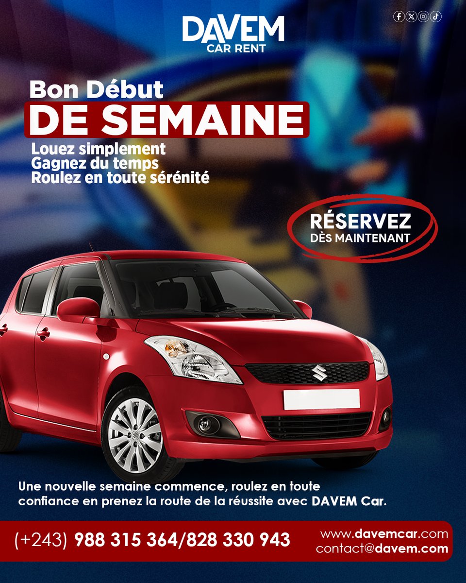 Davem_car's tweet image. Excellent début de semaine !
Pour le travail, les rendez-vous ou vos déplacements quotidiens, nous vous accompagnons avec des véhicules fiables et confortables.

#DavemCarRent #LocationVoiture #Confort #Sécurité #Ponctualité #RoulezEnTouteLiberté