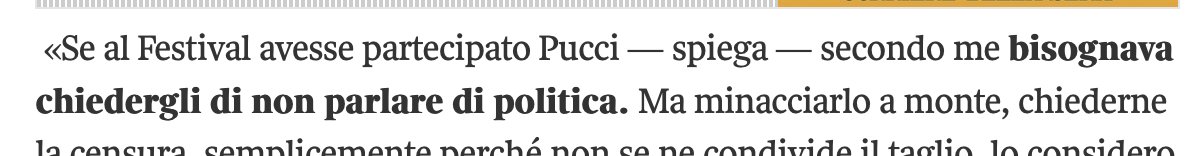 Ecco l'unico vero motivo per cui Pucci avrebbe dovuto rinunciare. Questo dice Meloni, intervistata dal Corriere. E qui sta l'errore, l'ignoranza del concetto di satira, di libertà. "Chiedergli di non parlare di politica"?! Cioè un comico non può decidere di parlare di quello che