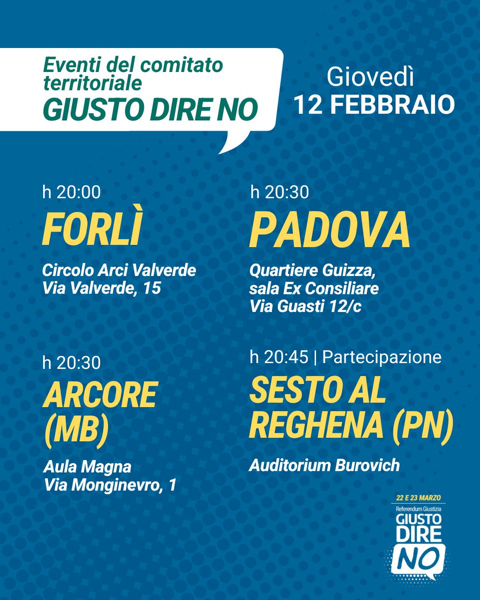 Continuano gli incontri e le iniziative su tutto il territorio nazionale dei Comitati Giusto Dire NO per informare e coinvolgere i cittadini. Gli eventi sono in continuo aggiornamento e li trovate sul sito giustodireno.it Iscrivetevi per sostenere le nostre attività.