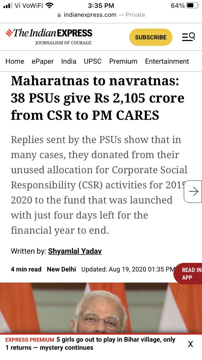 At the time of collecting money govt said the PMCARES could receive CSR money as it was set up by the central govt. Ministers were issuing “appeals” for donation of salaries by govt officials. But when ppl started asking for information, the govt claims PMCARES Trust is not a