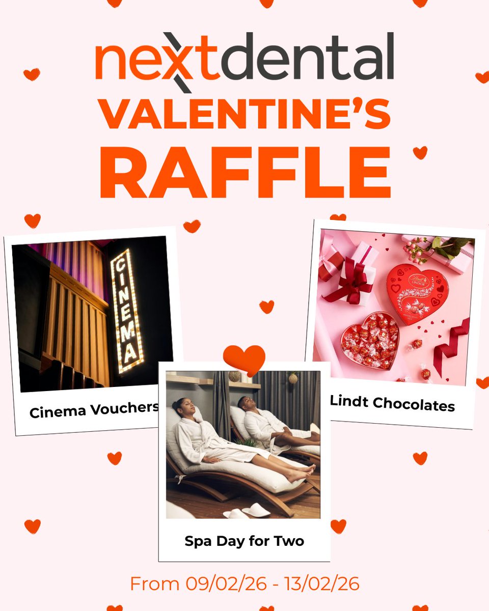 💘 Next Dental Valentine’s Raffle!

Win one of three prizes:
💆 Spa day for two
🎬 Vue cinema voucher + goodies
🍫 Lindt chocolates
Spend £250+ to enter.
✨ Unlimited entries!
Entries close 13/02/26 at 4pm.
Winners drawn shortly after.
Good luck!
#NextDental #ValentinesDay2026