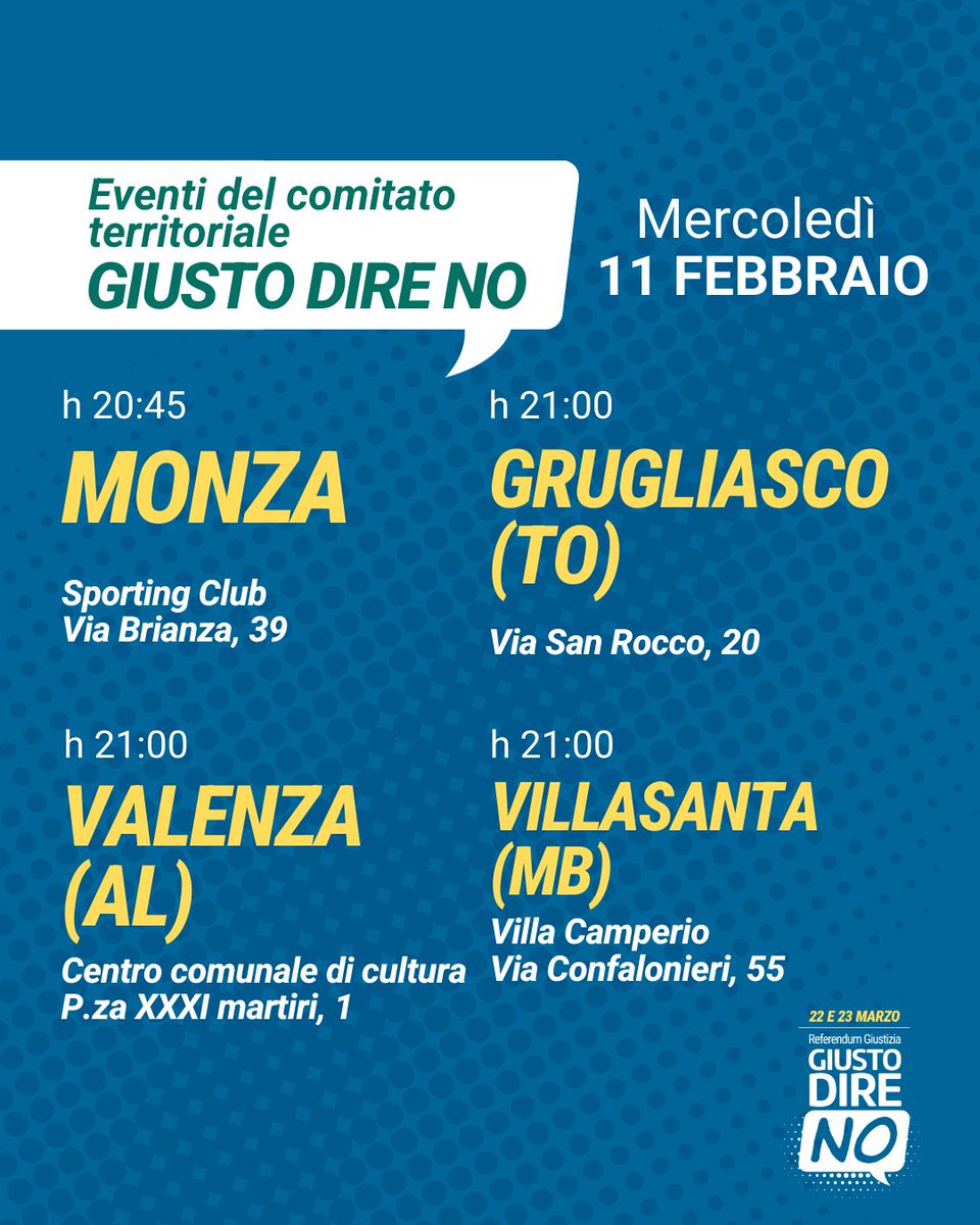 Continuano gli incontri e le iniziative su tutto il territorio nazionale dei Comitati Giusto Dire NO per informare e coinvolgere i cittadini. Gli eventi sono in continuo aggiornamento e li trovate sul sito giustodireno.it 
Iscrivetevi per sostenere le nostre attività.