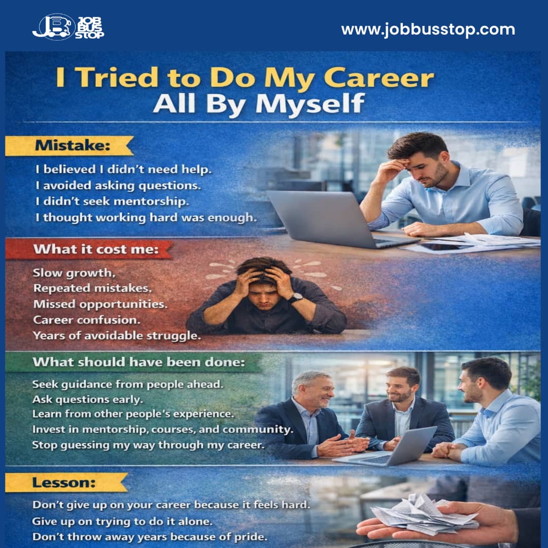 JobBusStop's tweet photo. One of the biggest career mistakes is thinking you must figure everything out by yourself.

Hard work is good.
Direction is better.
Guidance is best.

Follow us for more impactful posts📌. 

#JobBusStop #Careerplug #Jobs #Hiring #CV https://t.co/u3fusclLJl