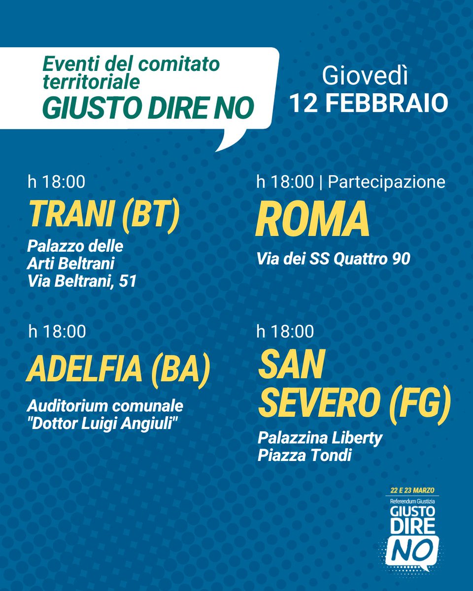 Continuano gli incontri e le iniziative su tutto il territorio nazionale dei Comitati Giusto Dire NO per informare e coinvolgere i cittadini. Gli eventi sono in continuo aggiornamento e li trovate sul sito giustodireno.it 
Iscrivetevi per sostenere le nostre attività.