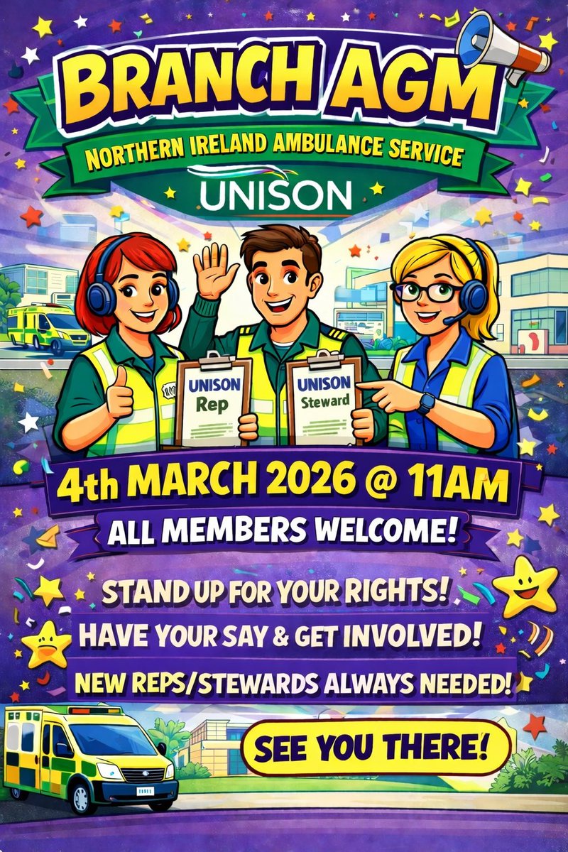 The AGM will be a hybrid meeting.

If you wish to attend in person, please come to UNISON HQ, Galway House, York Street, Belfast.

Alternatively, Zoom joining details are below. 
Meeting ID: 850 5833 7877 
Passcode: AGM2026

Your Voice. Your Union. Your Future — Attend the AGM.