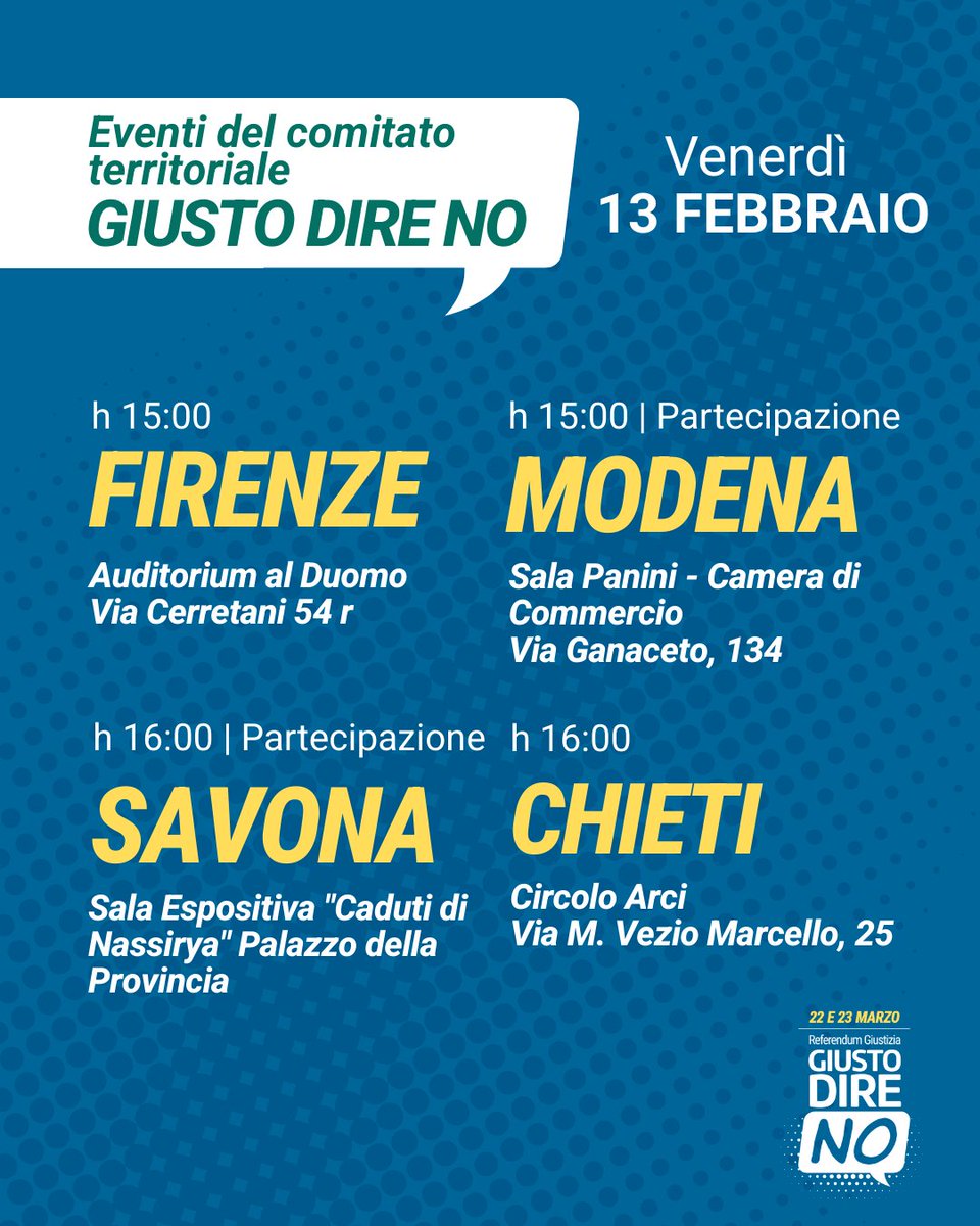 Continuano gli incontri e le iniziative su tutto il territorio nazionale dei Comitati Giusto Dire NO per informare e coinvolgere i cittadini. Gli eventi sono in continuo aggiornamento e li trovate sul sito giustodireno.it Iscrivetevi per sostenere le nostre attività.