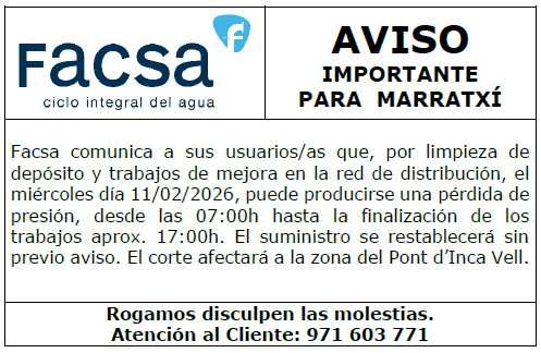 Facsa_es's tweet photo. ⚠️ AVISO #Marratxí: mañana 11/02 puede producirse una pérdida de presión debido a trabajos de limpieza y mantenimiento. Disculpen las molestias. #Facsa
@AjMarratxi https://t.co/G0NZkjGOU6