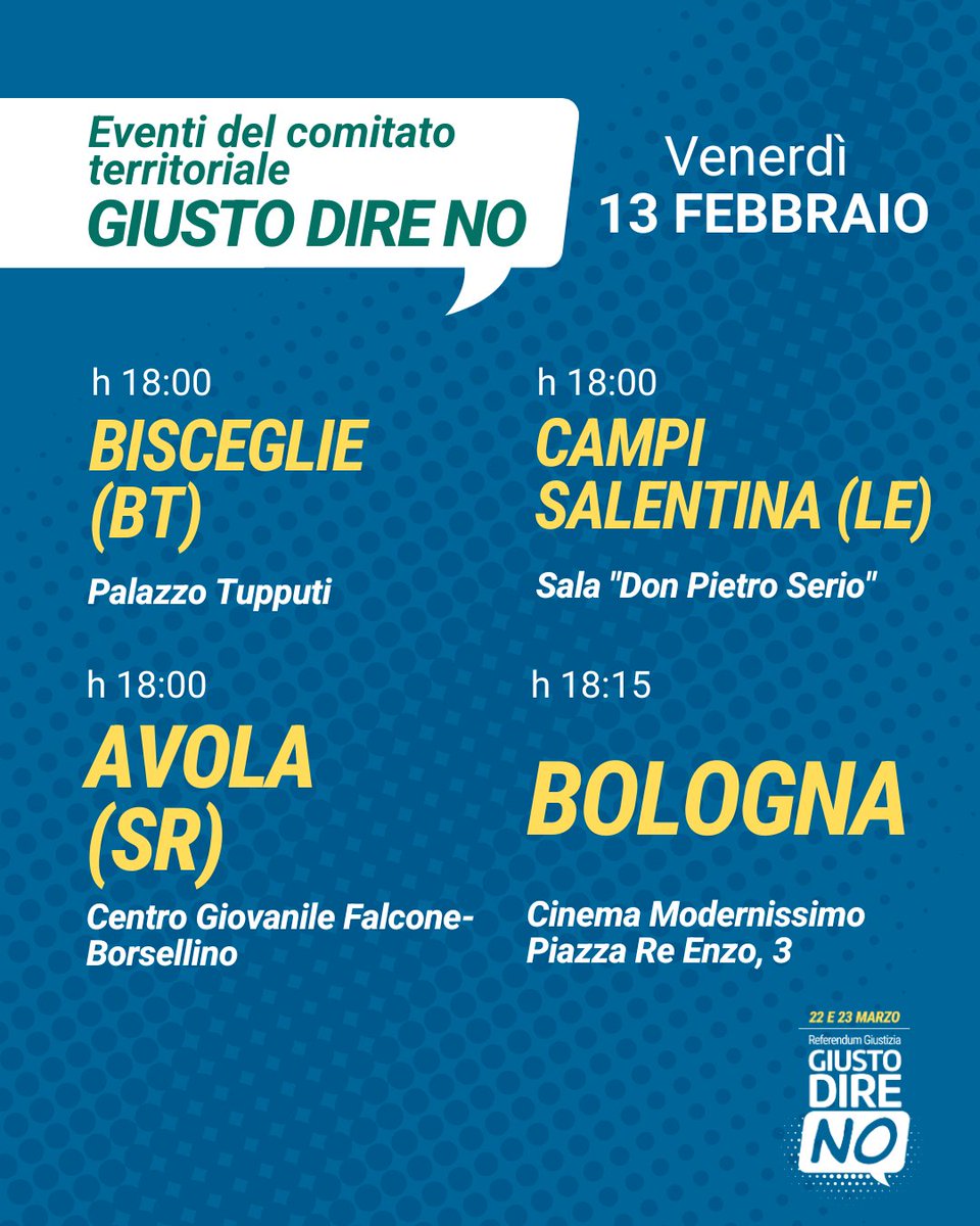 Continuano gli incontri e le iniziative su tutto il territorio nazionale dei Comitati Giusto Dire NO per informare e coinvolgere i cittadini. Gli eventi sono in continuo aggiornamento e li trovate sul sito giustodireno.it Iscrivetevi per sostenere le nostre attività.