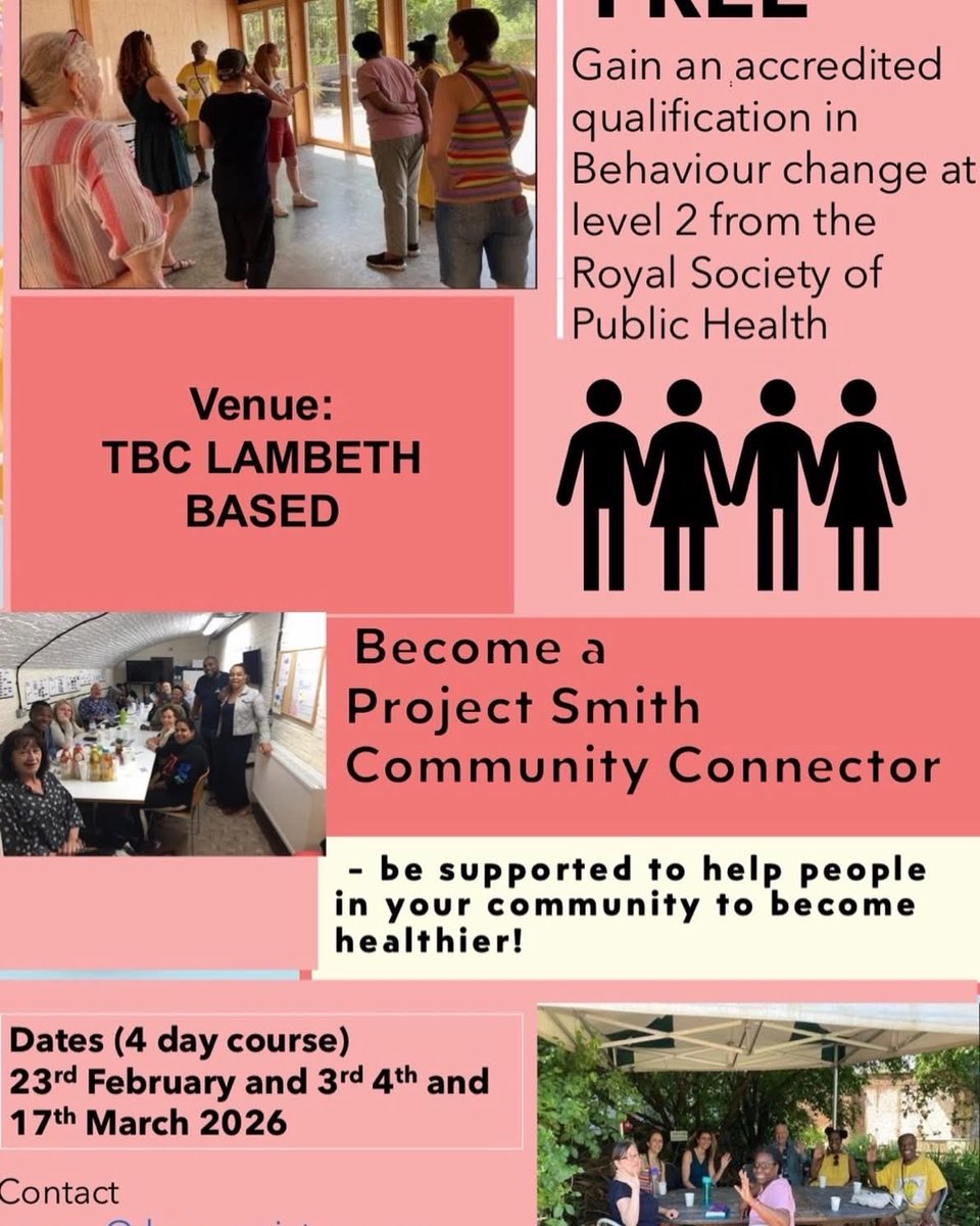 🌱🤝 FREE Community Connector Training – Lambeth 🤝🌱

Residents are invited to take part in a FREE Community Connector course and gain the skills to help people in their local community live healthier lives. Community Connectors support others by linking them to local