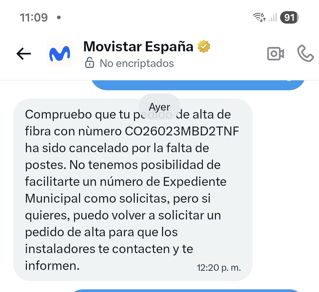 _ladyRivera's tweet photo. Desenlace VERGONZOSO:
​Tras pedir pruebas, @movistar_es admite por privado que MINTIERON sobre la denegación del Ayuntamiento (no existe tal expediente).
​Admiten que no instalan porque no quieren pagar los postes que me prometieron por contrato.
@FACUA @SEtelecoGob https://t.co/an4yySXaCL