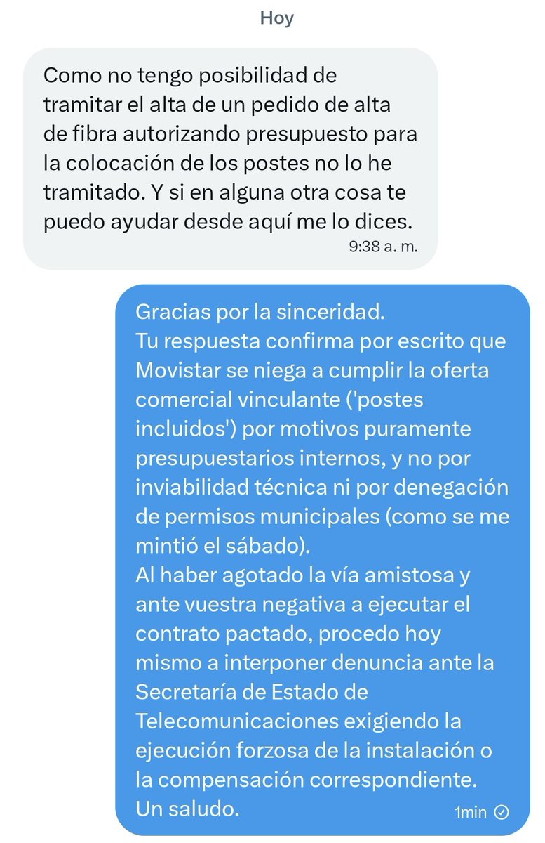 _ladyRivera's tweet photo. Desenlace VERGONZOSO:
​Tras pedir pruebas, @movistar_es admite por privado que MINTIERON sobre la denegación del Ayuntamiento (no existe tal expediente).
​Admiten que no instalan porque no quieren pagar los postes que me prometieron por contrato.
@FACUA @SEtelecoGob https://t.co/an4yySXaCL