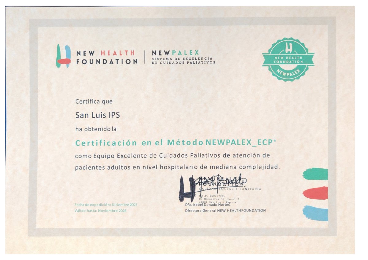 Felicitamos a San Luis IPS por la reciente obtención de los Certificados NEWPALEX y NEWCARE como Equipos Excelentes de Cuidados Paliativos y Cuidados Avanzados en el nivel hospitalario de mediana complejidad conforme a los métodos NEWPALEX y NEWCARE.
#NEWPALEX #colombia