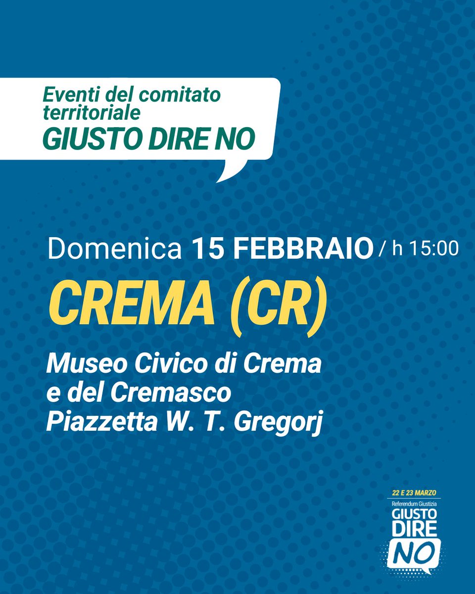 Continuano gli incontri e le iniziative su tutto il territorio nazionale dei Comitati Giusto Dire NO per informare e coinvolgere i cittadini. Gli eventi sono in continuo aggiornamento e li trovate sul sito giustodireno.it Iscrivetevi per sostenere le nostre attività.