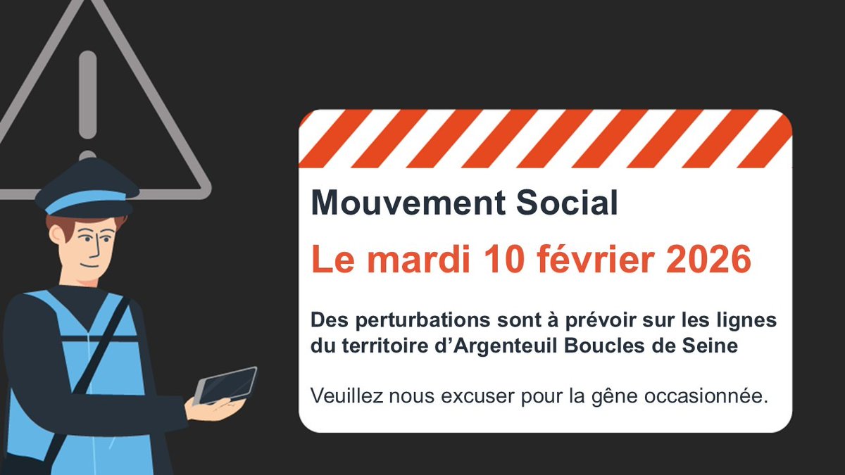 ⚠️🚍 Mouvement social - Mardi 10 février 

En raison d'un mouvement social, de fortes perturbations sont à prévoir sur les lignes. 

Lignes concernées : 262, A, B, C, D, E, F, K, L, N, T, S1 à S7

Des informations complémentaires seront communiquées lundi 9 février.
