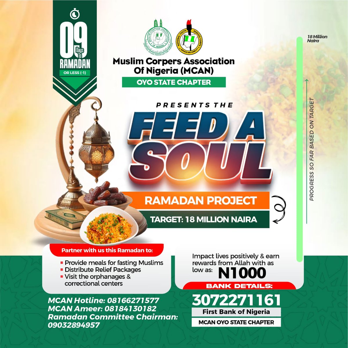 mcanoyosc's tweet photo. 9️⃣ days to Ramadan.

For many, iftar will be surplus; for others, it will only come because YOU cared enough to give. 🥹🤲🏽

Feed a Soul is more than a Ramadan Project. It is an opportunity by MCAN OYO STATE to turn compassion into action, provision into reward, to turn

1/n https://t.co/ITVYGQlWaN