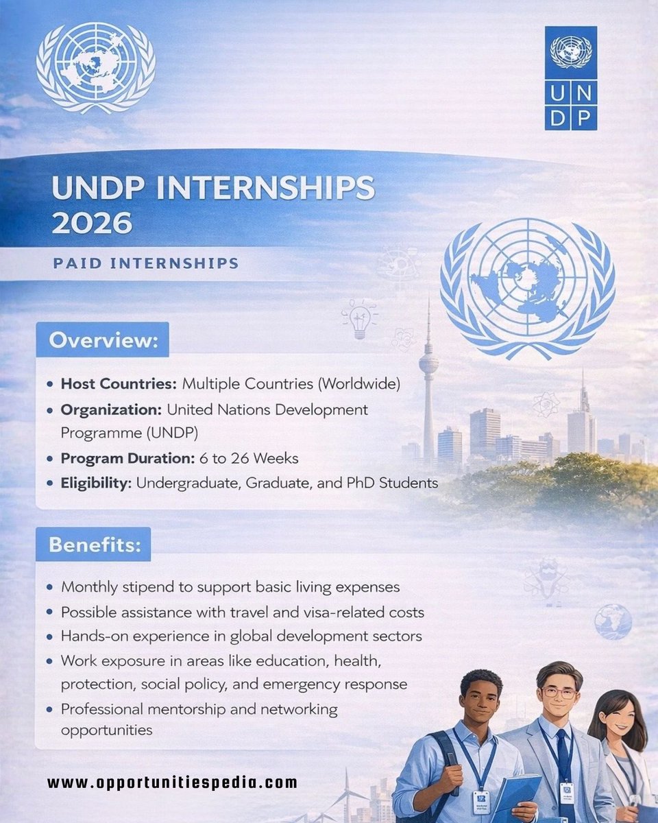 UNDP Internship Program 2026 | Paid / Funded | Global Opportunity

🏛️ Organization: United Nations Development Programme (UNDP)
📍 Locations: Worldwide (Country Offices &amp; Headquarters)
🎓 Internship Level: Bachelor’s, Master’s &amp; recent graduates
🌍 Open To: International students