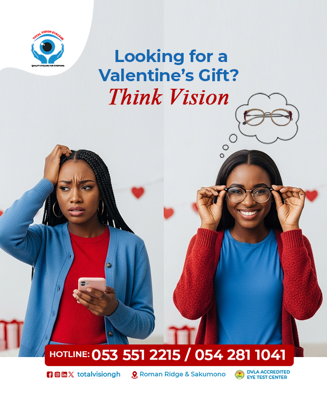 totalvision_gh's tweet photo. Looking for a Valentine’s Day gift?

Clear vision is a gift they will appreciate every day.
Think new lenses or a stylish frame.
📞 0535512215

#ValentinesGiftIdea #GiftOfSight #TotalVisionGh https://t.co/6ZLimL3SMX