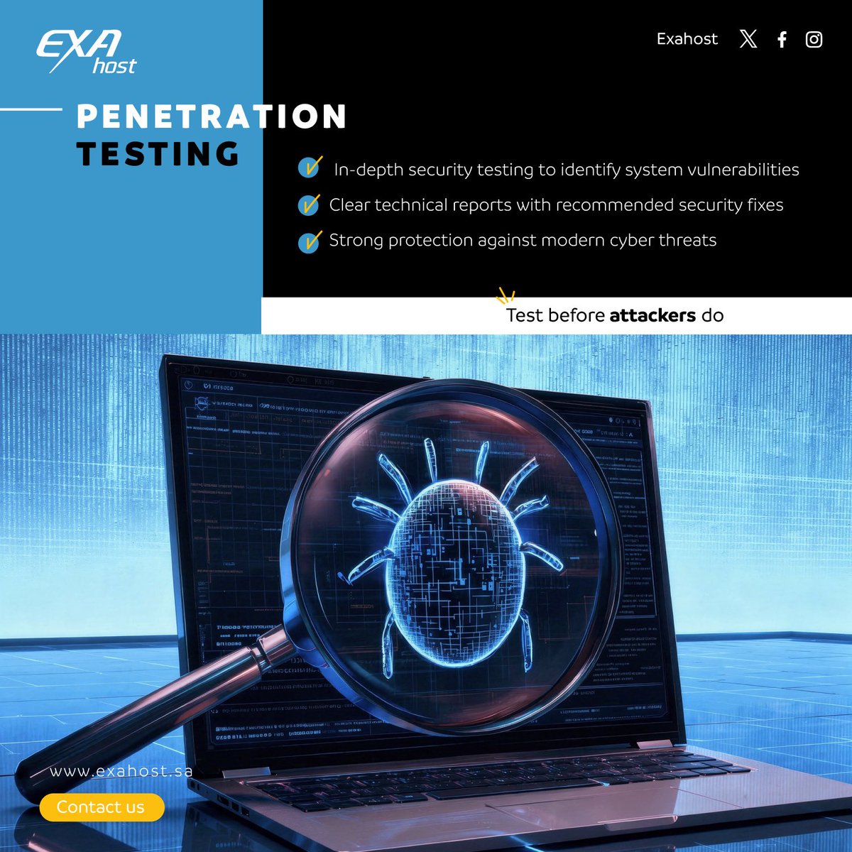 ExaITSA's tweet photo. Penetration Test – اختبار الاختراق
 امن بياناتك قبل ما يتهدد مشروعك!
نقدم لك:
✅ اختبار أمني شامل
✅ كشف الثغرات وإصلاحها
✅ حماية من الهجمات الإلكترونية
 احمِ بياناتك الآن مع خبراء الأمن السيبراني.
#PenTest 
#CyberSecurity 
#أمن_سيبراني https://t.co/EeS0zbozjF