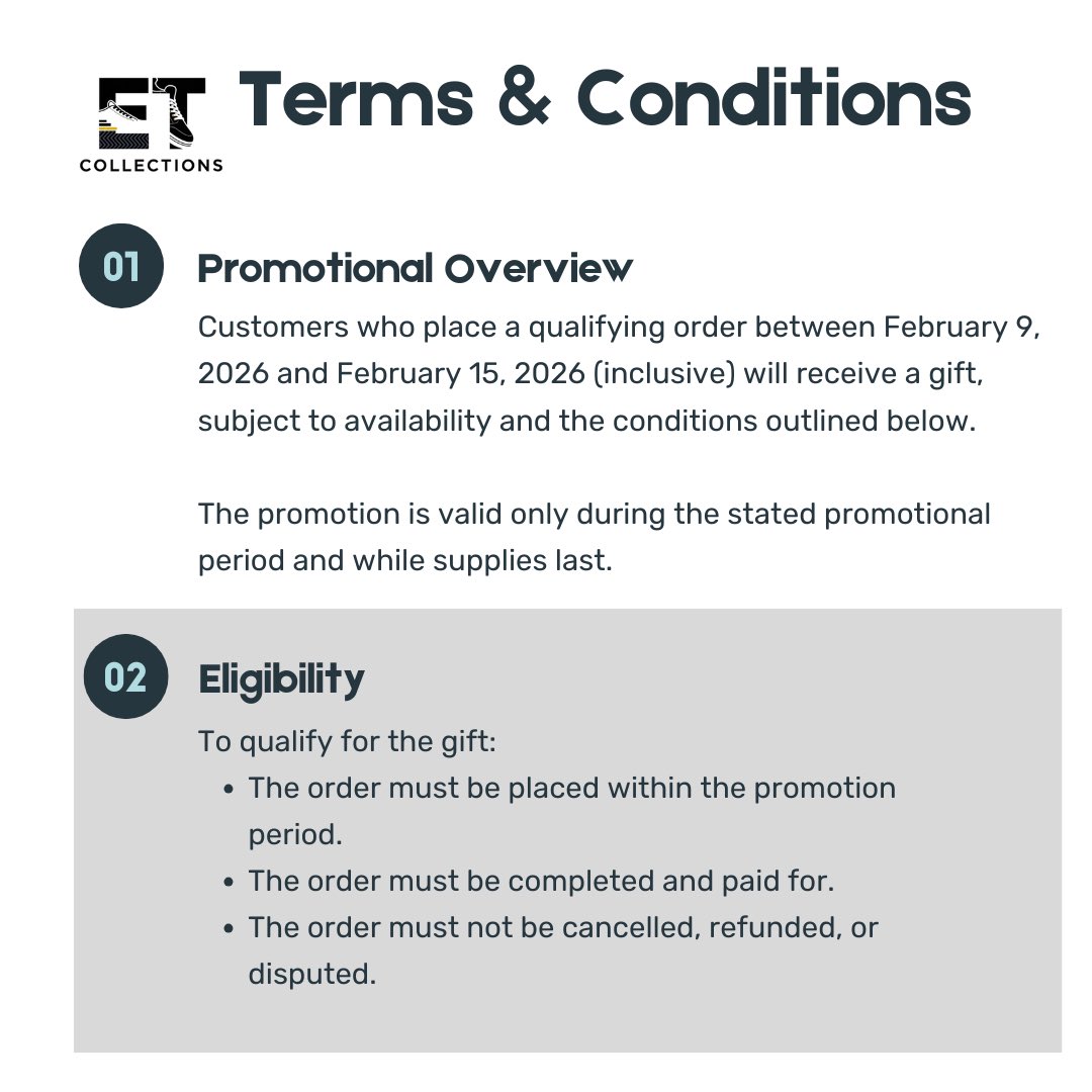 Collection84406's tweet photo. Our terms and conditions are in place to ensure a smooth, fair, and enjoyable shopping experience for everyone.  

We encourage all customers to review them during our promotional period to understand how the offer applies.  

Thank you for shopping with ET Collection.

#fyp https://t.co/lvQREag8MH