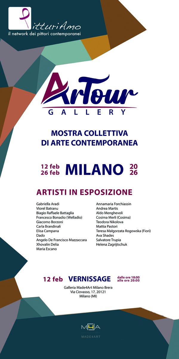 MADE4ART's tweet photo. 12 febbraio > ArTour | Da MADE4ART la nuova #mostra con @PitturiAmo con oltre 20 #artisti internazionali da Austria, Spagna, Ungheria e Bulgaria, oltre che dall’Italia. https://t.co/R0aBGeZvEa
#contemporaryart #pitturiamo #mostra #brera #breradistrict #groupexhibition https://t.co/iIbbby3YRP