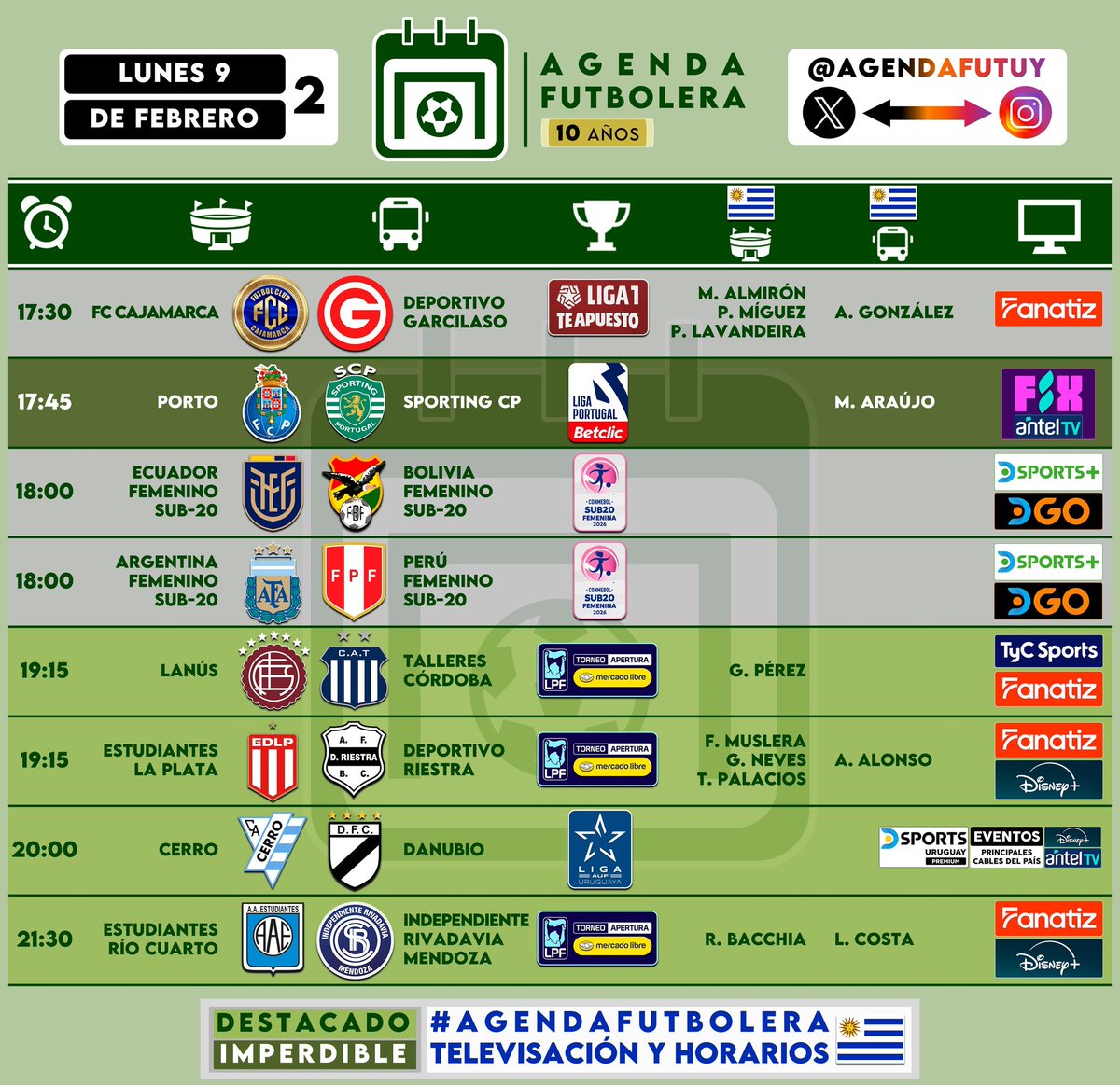 #AgendaFutbolera 🗓️⚽
<a href="/AgendaFutUY/">Agenda Futbolera</a> 👥🔗

📆 LUNES 09/02

🔜 Comienza la semana con fútbol 🙌🏼

→ Actividad de uruguayos 🇺🇾

¡Buena jornada! 👍🏼