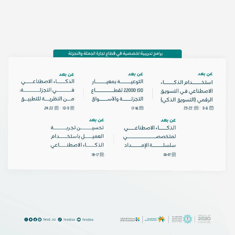 HRSD_SA's tweet photo. في سبيل إيجاد سبل تعلم متجددة تلهم المستفيد على الإبداع وتحفز دوره في سوق العمل.

اطّلع على الدورات التدريبية لشهر فبراير وسجل الآن لتعزيز نموك المهني في مجالك :