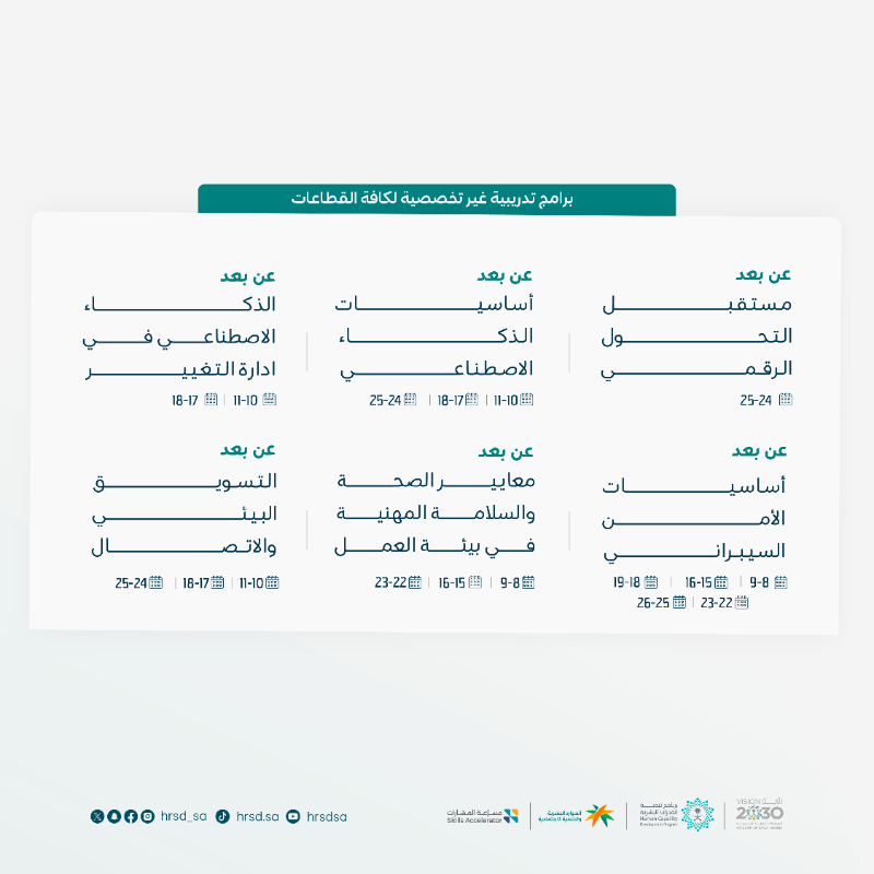 HRSD_SA's tweet photo. في سبيل إيجاد سبل تعلم متجددة تلهم المستفيد على الإبداع وتحفز دوره في سوق العمل.

اطّلع على الدورات التدريبية لشهر فبراير وسجل الآن لتعزيز نموك المهني في مجالك :