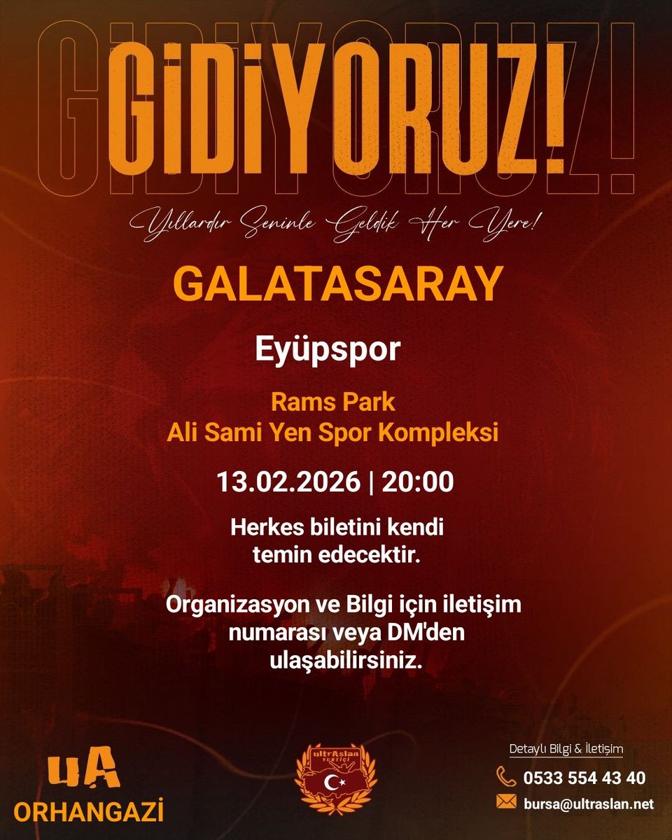 uAOrhangazi16's tweet photo. Sahamızda oynanacak olan
GALATASARAY - Eyüpsor
maçına gidiyoruz. 

Herkes biletini kendi temin edecektir. 

Organizasyon ve Bilgi için iletişim numarası irtibata geçebilirsiniz.

İletişim: 0533 554 43 40

#ultrAslan #uAYurtiçi #ultrAslanOrhangazi https://t.co/rQWGd3WeIU