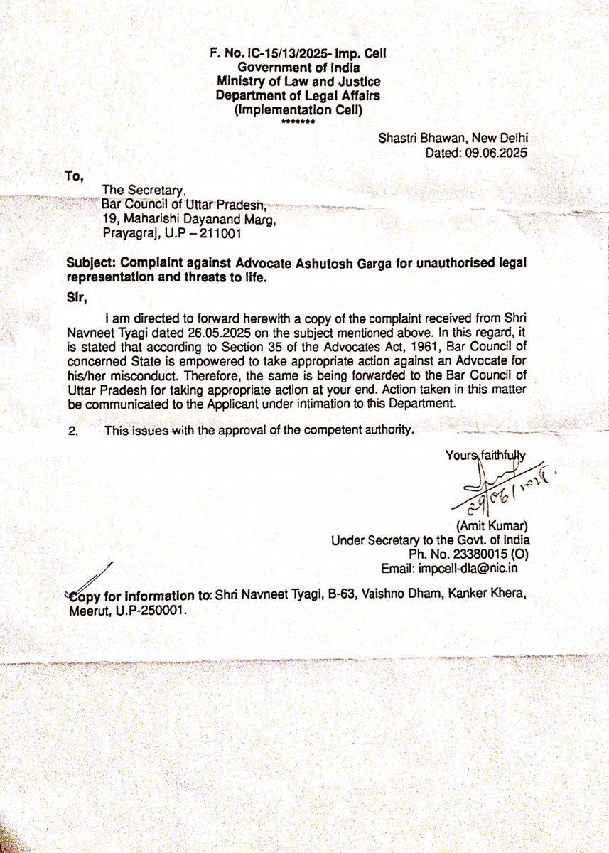 <a href="/cavikasdixit/">Vikaas Dixitt: Adv. Allahabad High Court</a> <a href="/HardeepSPuri/">Hardeep Singh Puri</a> <a href="/BPCLimited/">Bharat Petroleum</a> <a href="/cmdbpcl/">CMD BPCL</a> <a href="/PesoNagpur/">PESO Nagpur</a> <a href="/pesoagra/">PESO Agra</a> <a href="/adgpi/">ADG PI - INDIAN ARMY</a> <a href="/captrahultiwari/">Capt Rahul Tiwari (Adv)</a> <a href="/PetroleumMin/">Ministry of Petroleum and Natural Gas #MoPNG</a> <a href="/Secretary_MoPNG/">@Secretary_MoPNG</a> <a href="/narendramodi/">Narendra Modi</a> <a href="/UNOCHA/">UN Humanitarian</a> <a href="/ChairmanIOCL/">ChairmanIOC</a> <a href="/DirMktg_iocl/">Director (Marketing), IndianOil</a> <a href="/DPIITGoI/">DPIIT India</a> <a href="/PiyushGoyal/">Piyush Goyal</a> जी, जब Ministry of Law &amp; Justice स्वयं यह स्वीकार कर चुकी है कि कोर्ट में झूठा affidavit दायर हुआ, तो आपके अधीनस्थ DPIIT सेक्रेटरी कार्रवाई के बजाय “समझौते” की बात क्यों कर रहा है? VK Mishra और Nitin Goyal पर अब तक कोई अनुशासनात्मक कार्रवाई क्यों नहीं?