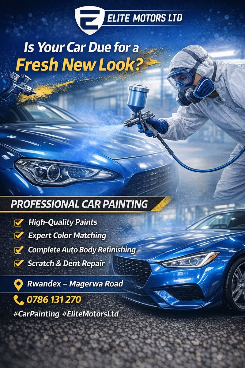 EliteMotorslt's tweet image. Is your car ready for a fresh new look? 🚘✨

Professional car painting with expert color matching, scratch &amp;amp; dent repair, and premium finishes.

📍 Rwandex – Magerwa Road
📞 0786 131 270

#CarPainting #EliteMotorsLtd #AutoCare