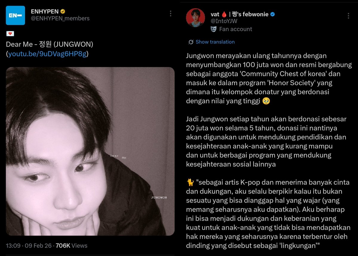 starfess's tweet photo. -star
Jungwon ENHYPEN di hari ultahnya (9/2) rilis lagu buatannya sendiri dan berdonasi untuk yang membutuhkan atas rasa syukur karena udh dicintai bgt sama fansnya. Beneran idol yg patut dicintai 🥹🥹 https://t.co/s6aeOcznqX