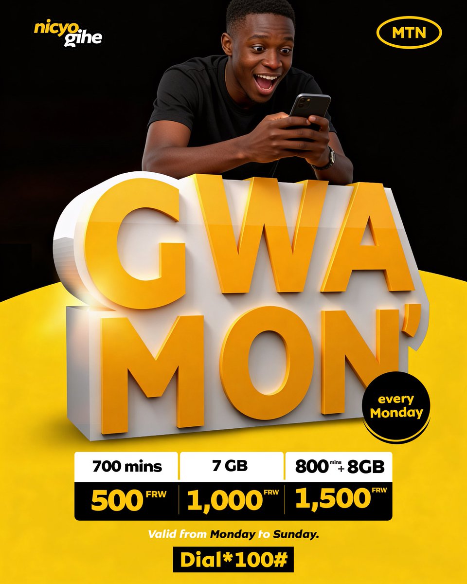 MTNRwanda's tweet photo. No more stressing about data running out! #Gwamon keeps you going with more data, more minutes, no limits. Dial *100# and power up your entire week! #NicyoGihe https://t.co/Uu8kt8tCVJ
