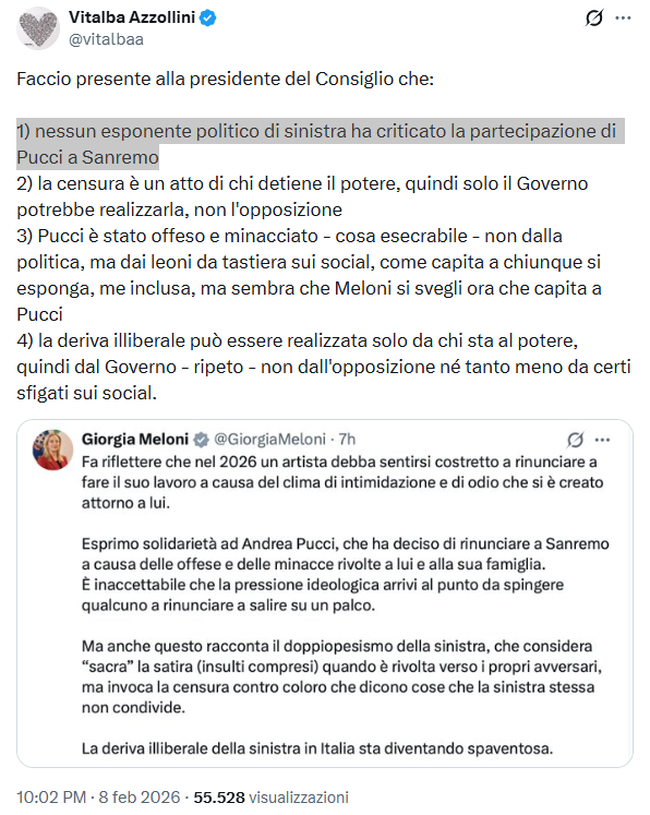 MrWolf_IT's tweet image. Fareste notare alla Sig.ra #Vitalba #Azzolini (purtroppo mi ha bloccato, altrimenti lo farei io), che il #PD ha pubblicato persino una nota ufficiale contro #Pucci in vigilanza #RAI?
Perché va bene prenderci in giro (si fa per dire), ma a tutto c'è un limite.