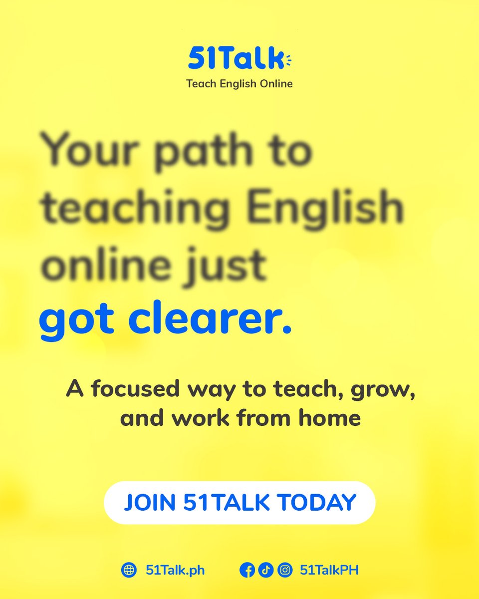 Empower your teaching journey—without leaving home. 📷📷

Join 51Talk and inspire students worldwide through online teaching.

Sign up now:  tinyurl.com/Register51Talk

#51Talk #Proudly51Talk #51TalkGlobal