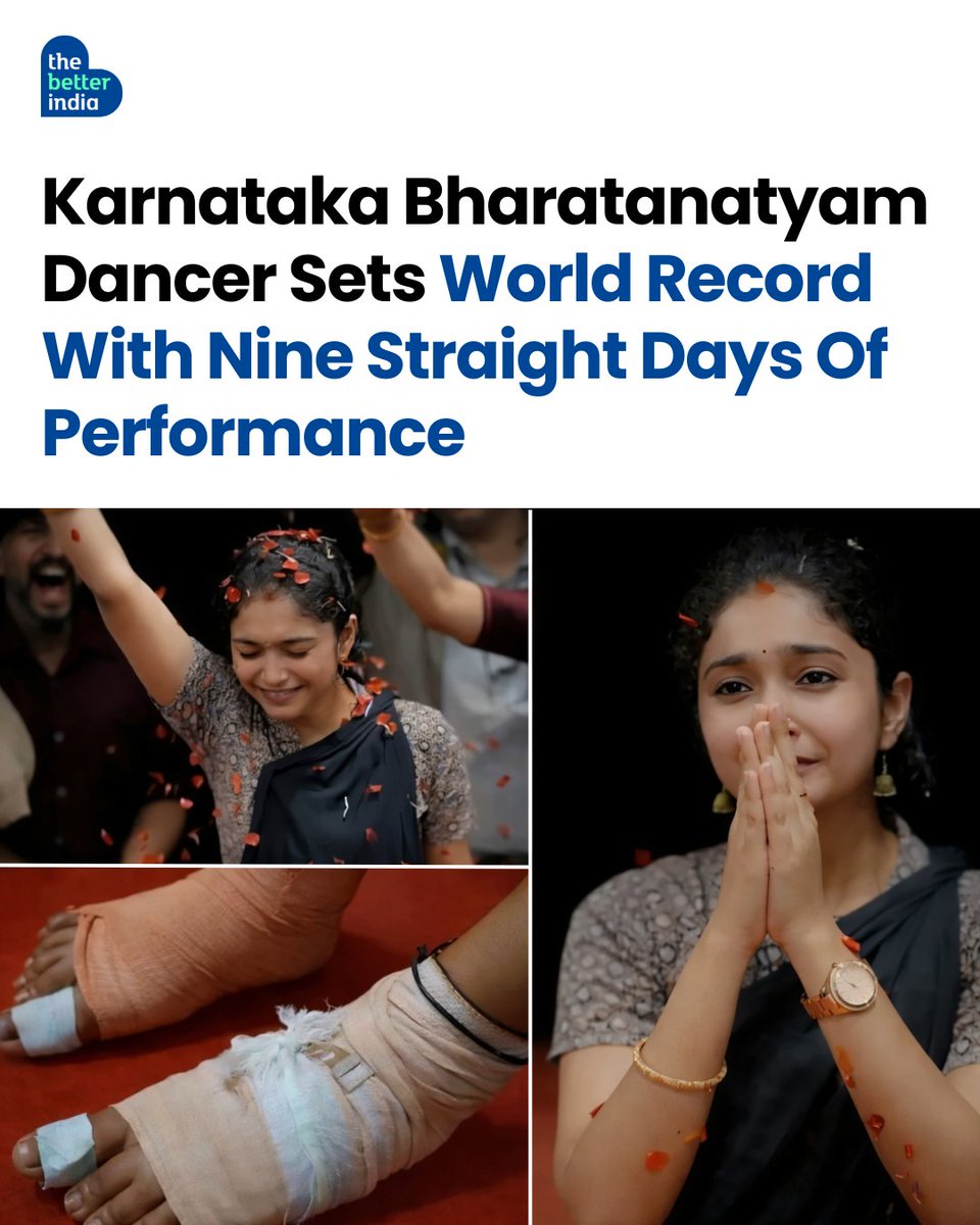 thebetterindia's tweet photo. For nine straight days, Vidushi Deeksha V didn’t just dance — she endured, believed, and made history.

The Bharatanatyam dancer from Udupi, Karnataka performed continuously for 216 hours, beginning on 21 August 2025 and finishing on 30 August 2025, in the auditorium of Dr. G. Shankar Women’s College.

With only 15 minutes of rest every three hours, she pushed through exhaustion — both physical and mental — to earn her place in the Golden Book of World Records.

Deeksha’s achievement is more than a record. It’s a reminder of what devotion, discipline, and a woman’s willpower can truly create.

#Bharatanatyam #WorldRecord #IndianCulture #Udupi #GoldenBookOfWorldRecords

[Bharatanatyam, World Record, Indian Culture, Udupi, Golden Book Of World Records]