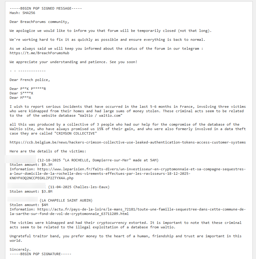 🚨🔴🇫🇷 Des cybercriminels français escroqués se rebiffent ?! Quand des affaires d'enlèvement et séquestrations sont le fruit de fuites de données personnelles... cas de la plateforme Waltio... 👇🏾

On pourrait penser à un scénario d'un film Netflix... mais il n'en est rien !