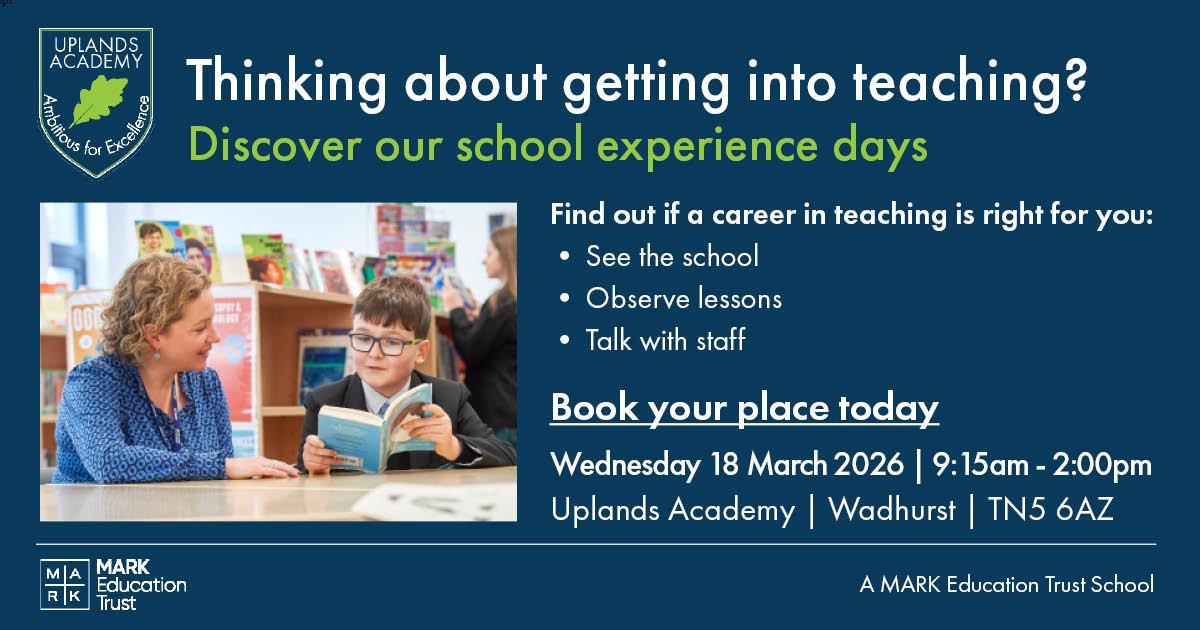 Uplands_Academy's tweet photo. Thinking about getting into secondary education teaching? Discover our School Experience Programme.

Bookings are now open for our next school experience day on Wednesday 18 March 2026.

Book your place now: https://t.co/bRZ9WA21Ef

#teaching #teachertraining #careers https://t.co/6YwcHJZKed