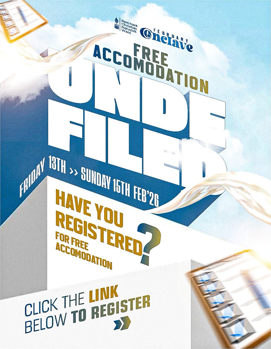 Free accommodation is available for participants attending the February conclave from out of town, kindly register ahead of time.
Click the link below to secure your space - bit.ly/AccommodationF…

Plan ahead. Register early. See you at THE CONCLAVE - UNDEFILED.